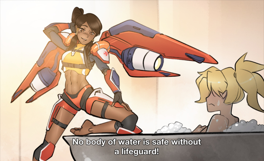 2girls abs alternate_costume arm_behind_head armor barefoot bathing bathtub black_hair blonde_hair breasts brown_eyes dark_skin english_text eye_of_horus facial_tattoo hair_tubes i'm_not_at_the_beach_this_is_a_bathtub knee_pads life_vest lifeguard lifeguard_pharah mechanical_wings medium_breasts mercy_(overwatch) multiple_girls overwatch partially_submerged pauldrons ponytail psuede shoulder_armor sidelocks soap_bubbles subtitled sweatdrop swimsuit tankini tattoo thrusters toned upper_teeth whistle whistle_around_neck wings yuri