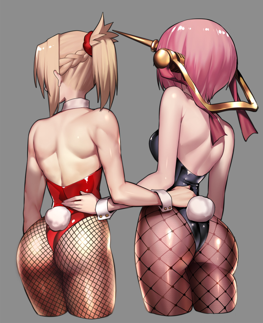 2girls absurdres ass back bare_arms bare_shoulders black_leotard blonde_hair braid breasts bunny_tail commentary_request cropped_torso facing_away fate/grand_order fate_(series) fishnet_legwear fishnets frankenstein's_monster_(fate) french_braid from_behind grey_background hair_ornament hair_scrunchie hand_on_another's_back highres horns leotard mechanical_horn medium_breasts medium_hair mordred_(fate) mordred_(fate)_(all) multiple_girls muscle pantyhose pink_hair playboy_bunny ponytail rahato red_leotard red_scrunchie scrunchie shoulder_blades side-by-side sideboob simple_background single_horn tail