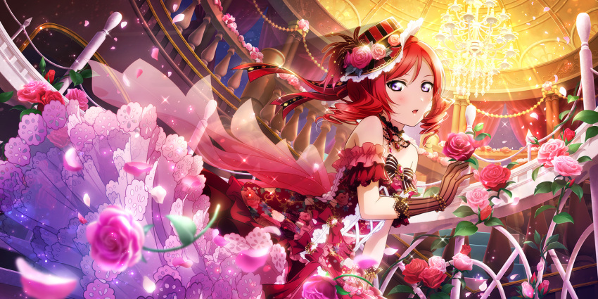 1girl alternate_costume alternate_hairstyle artist_request bare_shoulders blush candle ceiling chandelier choker curtains dress floral_print flower formal frills gloves hat highres indoors jewelry lace-trimmed_dress lace-trimmed_gloves lace_trim lights looking_at_viewer love_live! love_live!_school_idol_festival_all_stars love_live!_school_idol_project necklace nishikino_maki official_art open_mouth petals pink_flower pink_rose red_flower red_rose redhead rose rose_petals rose_print solo stairs violet_eyes