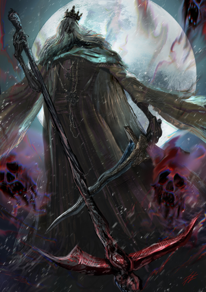 1boy beard black_robe bloodborne cloak crown dual_wielding facial_hair full_body full_moon grey_hair highres holding holding_scythe holding_sword holding_weapon jewelry long_hair looking_at_viewer magic male_focus martyr_logarius moon mrpk night outdoors pendant robe scythe skull solo standing sword weapon