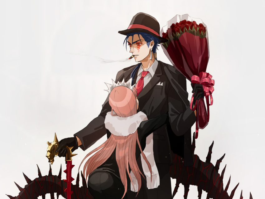 1boy 1girl alternate_costume blue_hair bodypaint bouquet cane cigar cu_chulainn_(fate)_(all) cu_chulainn_alter_(fate/grand_order) earrings facepaint fate/grand_order fate_(series) fedora flower formal fur_scarf gloves hat heroic_spirit_formal_dress highres hug jacket jewelry long_hair medb_(fate)_(all) medb_(fate/grand_order) necktie open_mouth pink_hair ponytail red_eyes scarf shitakawa simple_background smoking suit tail tiara type-moon white_background