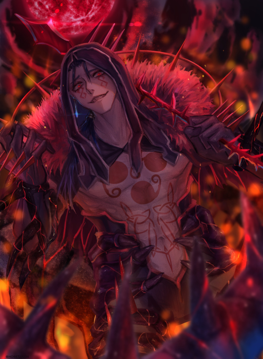 1boy abs bare_chest blue_hair bodypaint cu_chulainn_(fate)_(all) cu_chulainn_alter_(fate/grand_order) dark_blue_hair earrings facepaint fate/grand_order fate_(series) fur gae_bolg glowing glowing_eyes grin h2o_(user_fexn7448) highres holding holding_weapon hood hood_up jewelry long_hair looking_at_viewer monster_boy muscle navel ponytail red_eyes sharp_teeth shirtless smile solo spikes teeth type-moon weapon