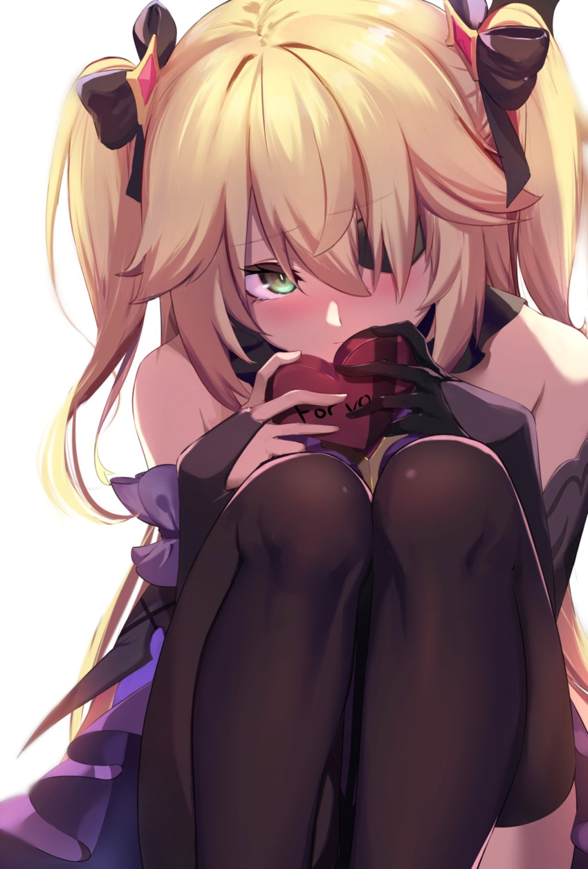 1girl bangs bare_shoulders black_gloves black_legwear blonde_hair blush bodystocking bow box breasts bridal_gauntlets elbow_gloves eyepatch fischl_(genshin_impact) genshin_impact gift gift_box gloves green_eyes hair_over_one_eye heart-shaped_box highres knees_up long_hair looking_at_viewer medium_breasts purple_bow purple_neckwear single_leg_pantyhose single_thighhigh sitting spider_apple thigh-highs thighs two_side_up valentine