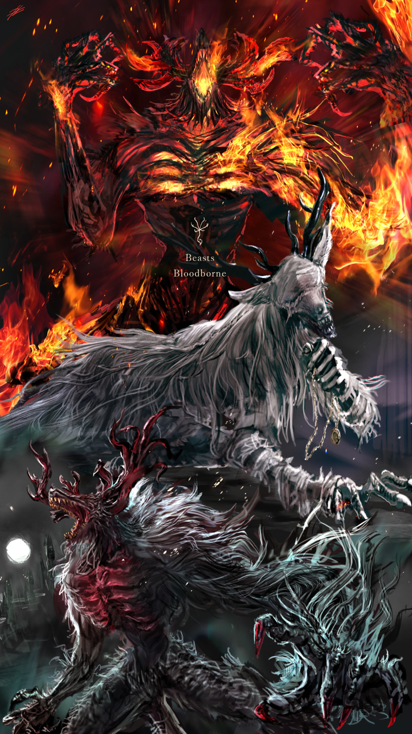 antlers blindfold blood bloodborne burning claws cleric_beast commentary_request copyright_name cowboy_shot embers english_text facing_viewer fire full_moon fur hands_up highres holding holding_jewelry holding_necklace jewelry laurence_the_first_vicar looking_away monster moon mrpk necklace no_humans open_mouth pendant ribs roaring squatting teeth upper_body vicar_amelia