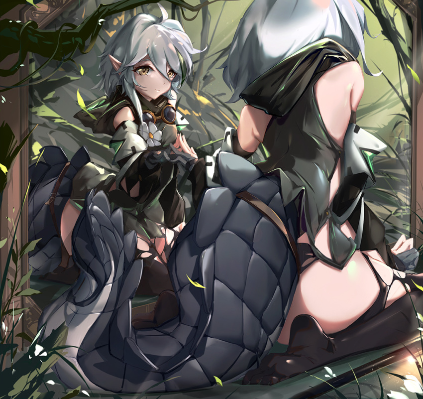 1girl ahoge arknights bangs bare_shoulders black_legwear brown_eyes commentary crocodilian_tail flower from_behind hair_between_eyes large_tail mirror no_shoes reflection renze_l short_hair silver_hair sitting tail tomimi_(arknights) wariza white_flower