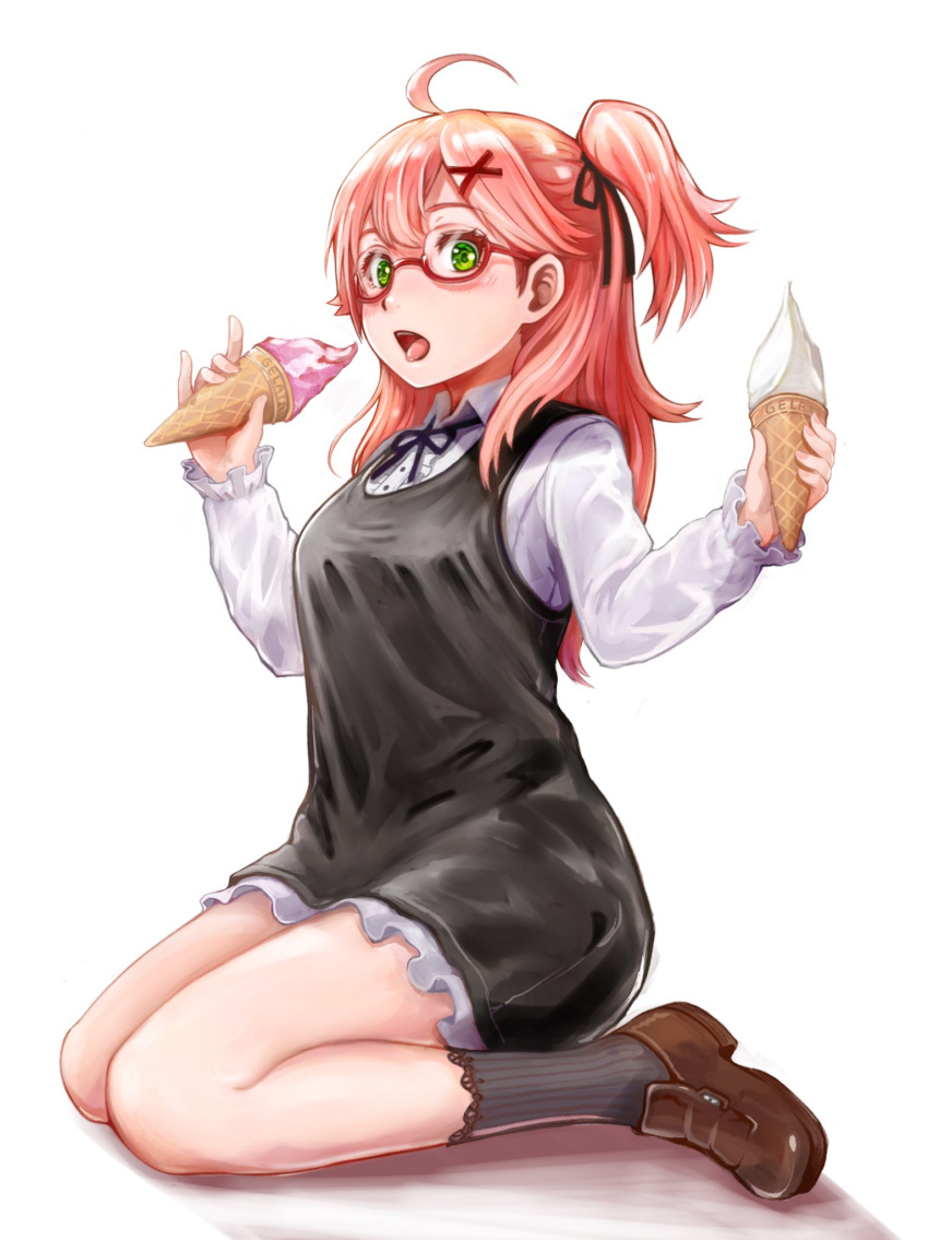 1girl ahoge alternate_costume brown_footwear food glasses green_eyes hair_ornament hairclip highres hololive ice_cream ice_cream_cone ist_lei_mikan knees long_sleeves looking_at_viewer open_mouth pink_hair red-framed_eyewear sakura_miko shoes socks solo tongue tongue_out virtual_youtuber white_background x_hair_ornament