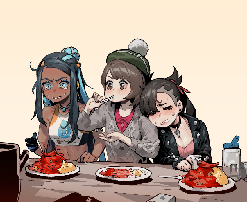 3girls beige_background black_hair black_jacket brown_hair cardigan chili_pepper curry curry_rice dark_skin eating food gloria_(pokemon) gogalking grey_cardigan gym_leader highres jacket leaning_on_person long_hair marnie_(pokemon) medium_hair multicolored_hair multiple_girls nessa_(pokemon) pepper pokemon pokemon_(game) pokemon_swsh rice simple_background spicy sweat table tam_o'_shanter tears two-tone_hair