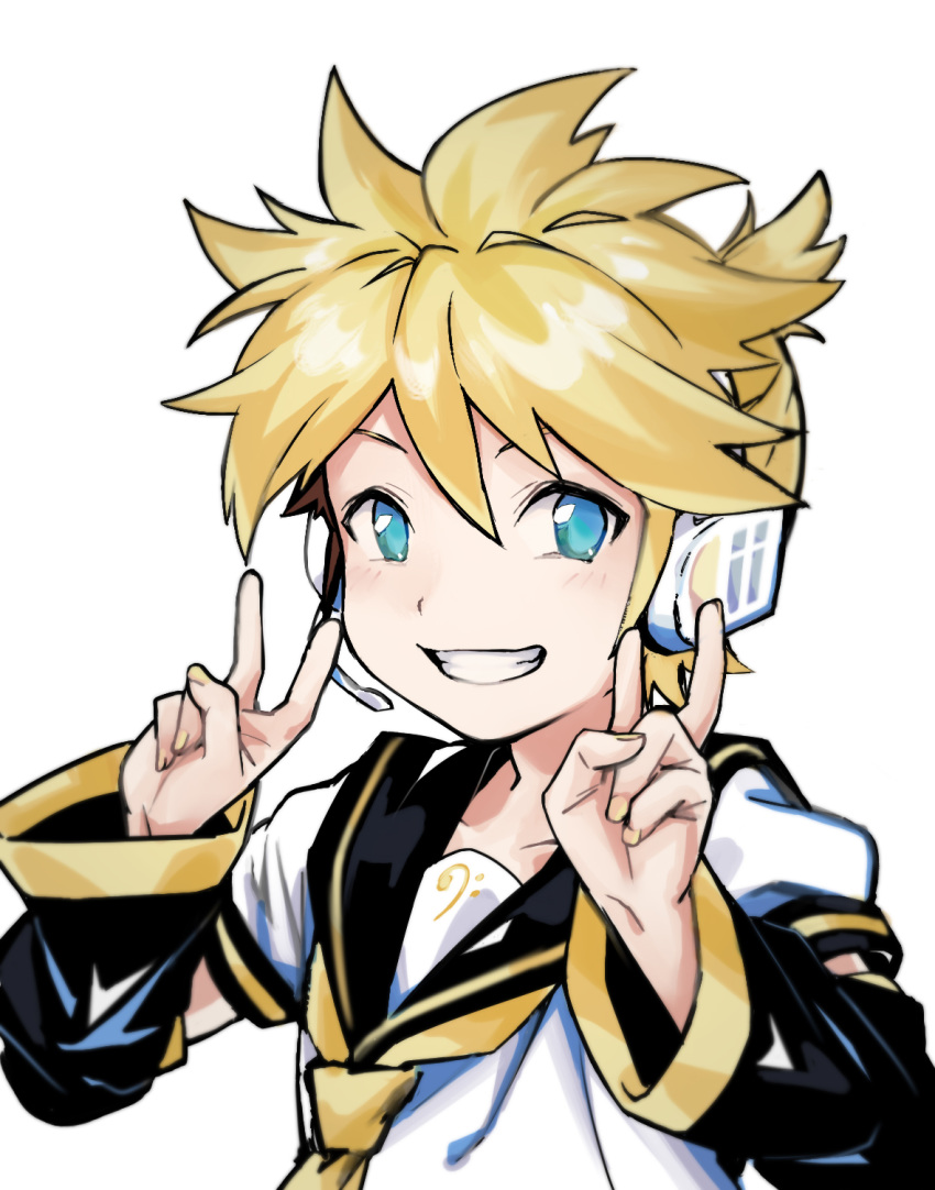 1boy arm_warmers blonde_hair blue_eyes double_v grin headset highres ieiieiiei kagamine_len male_focus ponytail sailor_collar smile upper_body v vocaloid yellow_nails