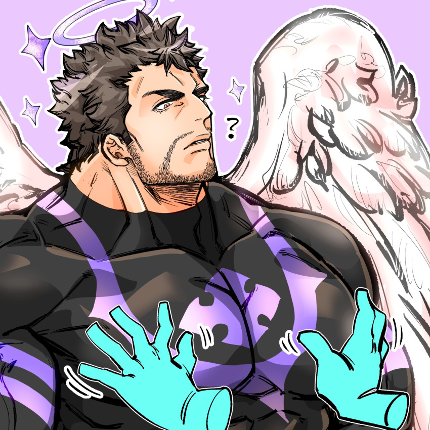 1boy 1other angel angel_wings bara beard black_bodysuit black_hair bodysuit chest facial_hair feathered_wings grabbing groping groping_motion halo highres kizami_nori_to_yamaimo male_focus manly muscle nether_angel_(tokyo_houkago_summoners) pectoral_grab short_hair stubble tokyo_houkago_summoners upper_body wings