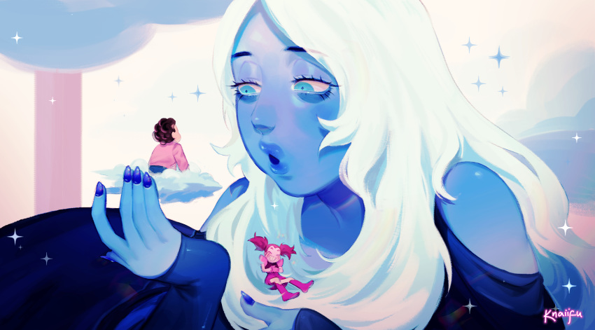 2girls bare_shoulders blue_diamond_(steven_universe) blue_dress blue_eyes blue_hair blue_nails blue_skin blush brown_hair closed_eyes clouds curly_hair dress giantess highres jacket knaiifu long_hair looking_up multiple_girls off_shoulder pants pink_hair pink_skin short_twintails spinel_(steven_universe) steven_quartz_universe steven_universe thick_lips twintails