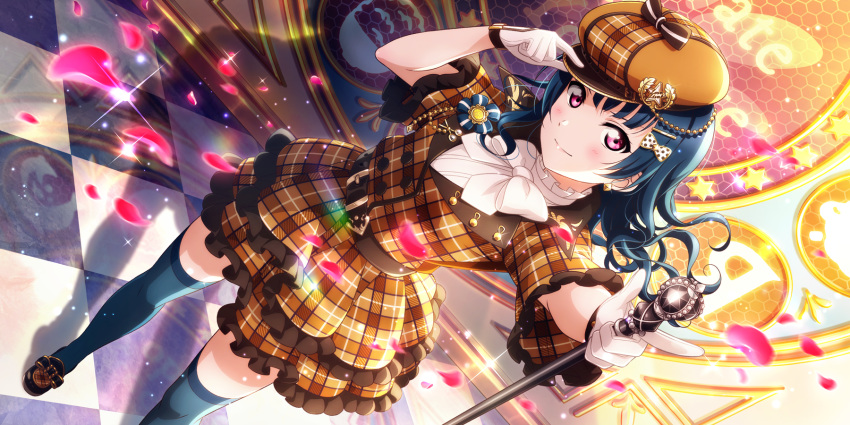 1girl artist_request bangs belt blouse blue_hair blush bow brooch brown_dress checkered checkered_floor copyright_name deerstalker detective dress dutch_angle earrings frilled_dress frills hair_ornament hairclip hat highres indoors jewelry long_hair looking_at_viewer love_live! love_live!_school_idol_festival_all_stars love_live!_school_idol_project love_live!_sunshine!! official_art petals plaid plaid_dress plaid_headwear red_eyes short_sleeves smile solo staff thigh-highs tsushima_yoshiko white_blouse