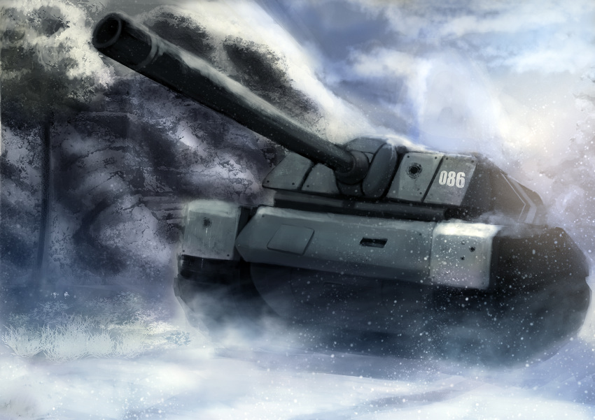 baliu caterpillar_tracks commentary_request ground_vehicle highres military military_vehicle motor_vehicle no_humans rock short_hair snow snowing tank world_of_tanks