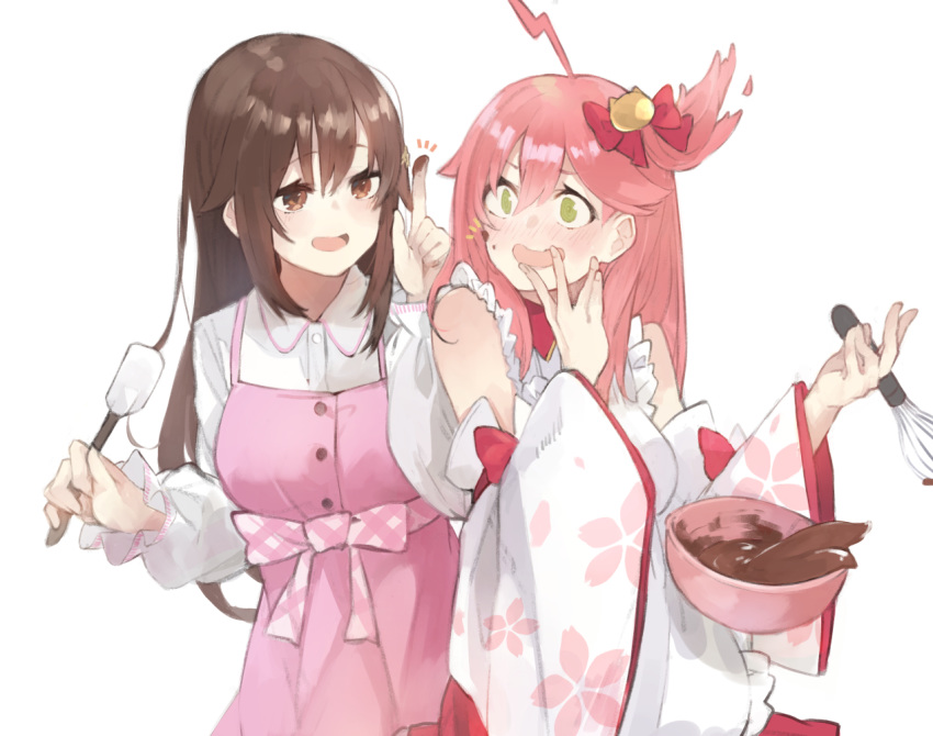 2girls :d ahoge apron bare_shoulders bell blush bow bowl brown_eyes brown_hair buttons chocolate chocolate_on_face collared_dress commentary_request detached_sleeves dress dropping embarrassed expressive_hair eyebrows_visible_through_hair floral_print food food_on_face frilled_apron frilled_sleeves frills gingham green_eyes hair_between_eyes hair_bow hair_flaps hair_ornament hair_over_one_eye hair_ribbon hand_on_own_face heart holding holding_spatula holding_whisk hololive japanese_clothes kase_(kurimuzone_oruta) long_hair long_sleeves looking_at_another mixing_bowl multiple_girls nontraditional_miko nose_blush notice_lines official_alternate_costume open_mouth pinafore_dress pink_dress pink_hair pointing pointing_up raised_eyebrows ribbon sakura_miko side_ponytail simple_background smile spatula tokino_sora very_long_hair virtual_youtuber waist_bow whisk white_apron white_background white_dress wide_sleeves