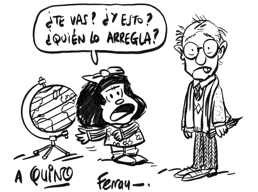 1boy 1girl bald black_hair commentary dress ferranmartin glasses globe highres mafalda mafalda_(series) necktie pencil quino ribbon spanish_commentary spanish_text tongue tongue_out translated