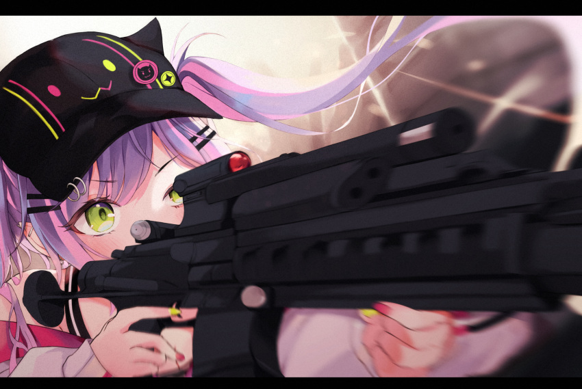 95kazumi aiming assault_rifle blurry blurry_background blurry_foreground blush commentary_request fingernails green_eyes gun hair_between_eyes hair_ornament hairclip hat highres hololive long_hair rifle scope tokoyami_towa twintails virtual_youtuber weapon