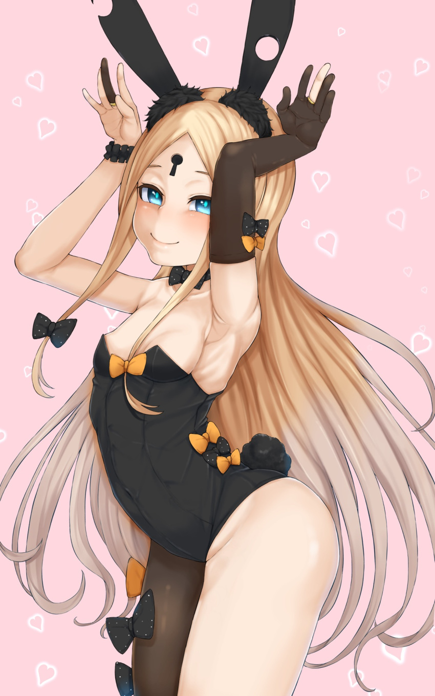 1girl abigail_williams_(fate/grand_order) animal_ears arched_back armpits asymmetrical_legwear bangs black_bow black_gloves black_legwear black_leotard blonde_hair blue_eyes bow breasts bunny_pose bunny_tail closed_mouth covered_navel elbow_gloves fate/grand_order fate_(series) forehead gloves hair_bow hands_up heart highleg highleg_leotard highres jewelry keyhole leotard long_hair multiple_bows orange_bow parted_bangs pink_background polka_dot polka_dot_bow rabbit_ears ring shin_(rwkk8733) single_glove small_breasts smile tail thighs