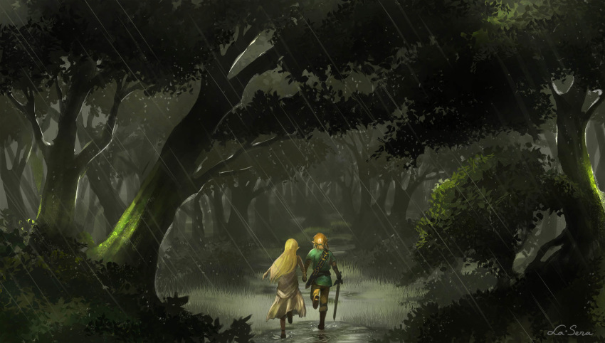 1boy 1girl blonde_hair dress forest from_behind highres holding la-sera link long_hair master_sword nature pointy_ears ponytail princess_zelda rain running scabbard scenery sheath short_ponytail sword the_legend_of_zelda the_legend_of_zelda:_breath_of_the_wild tree weapon