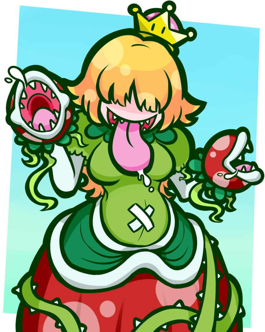 1girl :d bangs belly blonde_hair blue_background border breasts commentary_request covered_eyes crown dress facing_viewer flipped_hair gradient gradient_background green_background green_dress hair_over_eyes highres kafuka5364 long_hair long_tongue super_mario_bros. medium_breasts mini_crown multicolored multicolored_background new_super_mario_bros._u_deluxe open_mouth outside_border piranha_plant plant polka_dot_hair polka_dot_skirt princess_piranha_plant puffy_short_sleeves puffy_sleeves red_skirt saliva shaded_face sharp_teeth short_sleeves simple_background skirt smile solo super_crown teeth thorns tongue tongue_out vines white_border