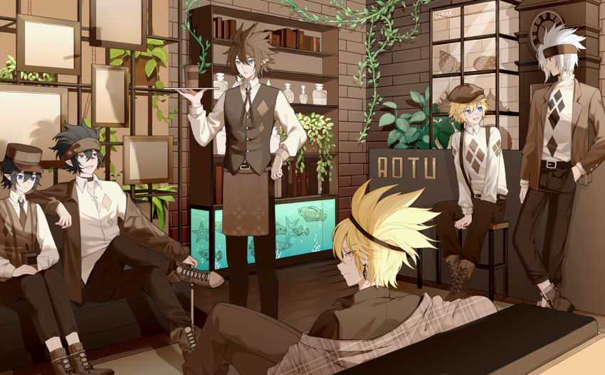 6+boys animal aotu_world belt black_hair blonde_hair blue_eyes blush book bookshelf brown_footwear brown_hair brown_headband brown_headwear brown_neckwear chair clear_regulus clock closed_mouth couch crossed_legs cup drinking_straw earrings fish fish_tank frame hair_between_eyes hand_in_pocket hat headband holding holding_plate indoors jewelry leaning looking_at_another looking_at_viewer looking_back male_focus multiple_boys necktie off_shoulder open_mouth plant plate pointy_ears potted_plant shell single_earring sitting smile standing starfish vines violet_eyes waiter water white_hair wooden_floor yellow_eyes