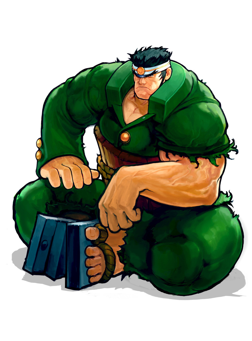 1boy absurdres belt brown_eyes closed_mouth collarbone dark_green_hair fingernails frown green_hair headband highres isurugi_gan kim_sung_hwan male_focus muscle rival_schools rope_belt simple_background sitting solo toenails torn_clothes veins white_background