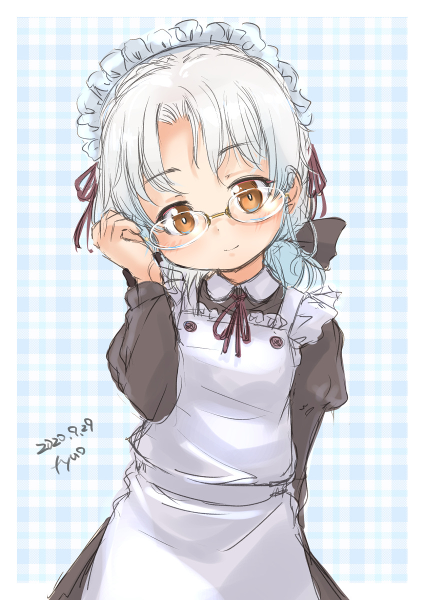 1girl alternate_costume apron black_apron black_dress blue_background brown_eyes cowboy_shot dress enmaided frilled_apron frills fyuo glasses grey_hair head_tilt highres hirato_(kantai_collection) kantai_collection looking_at_viewer maid maid_headdress plaid plaid_background short_hair solo wavy_hair