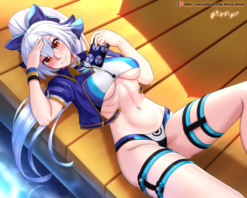 1girl adapted_costume bikini blue_bikini blue_bow blue_jacket blue_swimsuit blush bow breasts cellphone cropped_jacket fate/grand_order fate_(series) hair_between_eyes hair_bow highres holding holding_phone jacket long_hair medium_breasts midriff mitsudomoe_(shape) multicolored multicolored_bikini multicolored_clothes multicolored_swimsuit navel open_clothes open_jacket patreon_username phone ponytail red_eyes shadow silver_hair smartphone smile solo striped striped_swimsuit swimsuit thigh_strap tomoe_(symbol) tomoe_gozen_(fate/grand_order) tomoe_gozen_(swimsuit_saber)_(fate) very_long_hair vilde_loh_hocen watermark web_address white_bikini white_swimsuit wristband