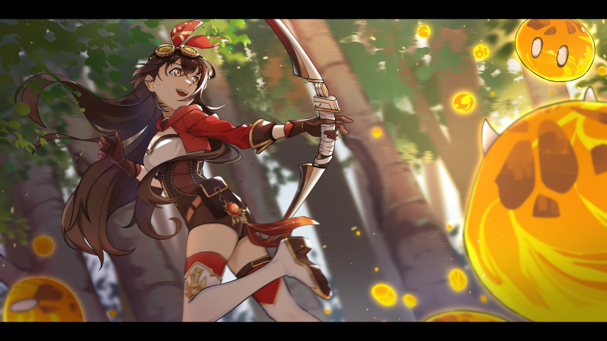 1girl absurdres amber_(genshin_impact) bow_(weapon) brown_hair chen_clear crossbow female full_body genshin_impact hair_ornament highres holding holding_weapon long_hair open_mouth shorts slime solo thigh-highs tree trees weapon