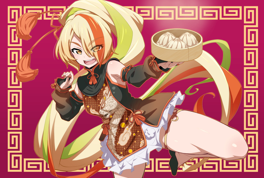 1girl baozi blonde_hair breasts detached_sleeves food green_hair hair_over_one_eye highres looking_at_viewer multicolored_hair nikaidou_saki ponytail purple_background redhead small_breasts smile solo standing standing_on_one_leg streaked_hair thighs uganda yellow_eyes zombie_land_saga