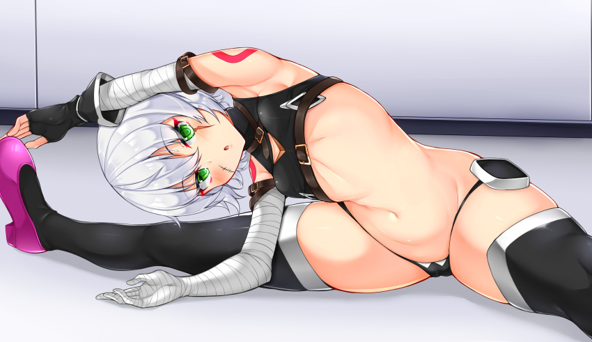 1girl armpits bandaged_arm bandages bangs bare_shoulders black_gloves black_legwear black_panties black_shirt blush commentary_request crop_top eyebrows_visible_through_hair fate/apocrypha fate_(series) fingerless_gloves gloves green_eyes hair_between_eyes highres indoors jack_the_ripper_(fate/apocrypha) looking_at_viewer midriff navel panties parted_lips pink_footwear scar scar_across_eye shadow shirt shoes short_hair shoulder_tattoo silver_hair single_glove sleeveless sleeveless_shirt solo stitches stomach tattoo thigh-highs thighs tokoya_(ex-hetare) underwear