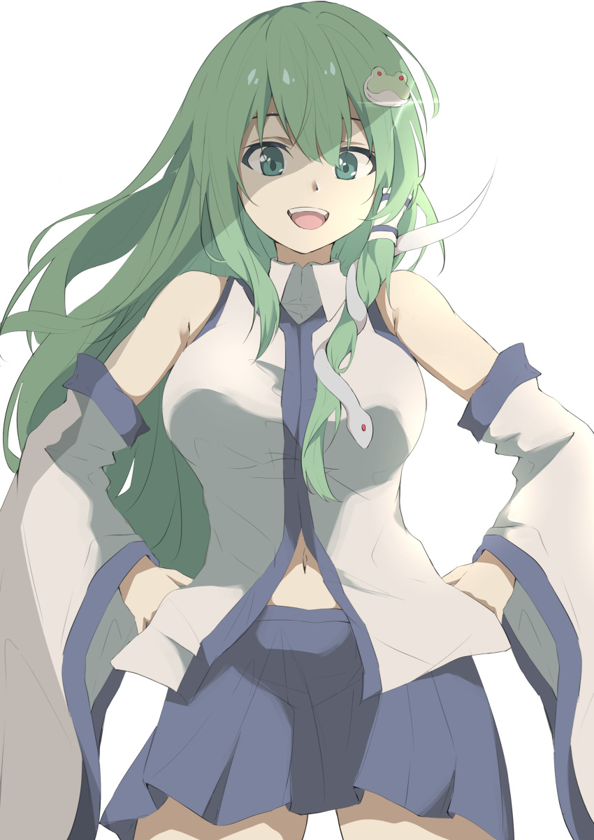 1girl :d absurdres armpit_crease bangs bare_shoulders blue_skirt breasts commentary cowboy_shot detached_sleeves eyebrows eyebrows_behind_hair eyelashes frog_hair_ornament glint green_eyes green_hair hair_between_eyes hair_ornament hair_tubes hands_on_hips highres hips kochiya_sanae kogane_ringo large_breasts long_hair long_sleeves looking_down miniskirt navel open_mouth pleated_skirt shadow sidelocks simple_background skirt smile snake_hair_ornament solo thick_thighs thighs touhou upper_teeth very_long_hair white_background wide_hips wide_sleeves