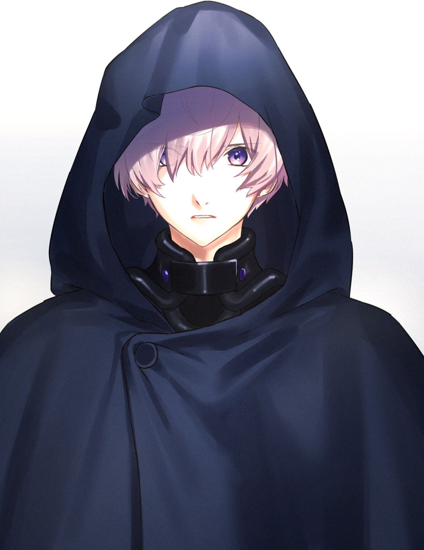 1boy armor black_armor black_coat coat commentary_request eyebrows_visible_through_hair fate/grand_order fate_(series) genderswap genderswap_(ftm) hair_between_eyes highres hood hood_up hooded_coat looking_at_viewer male_focus mash_kyrielight parted_lips pink_hair seseragi_azuma short_hair simple_background solo teeth violet_eyes white_background