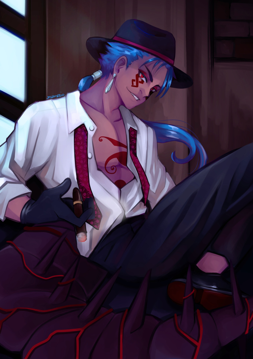1boy absurdres black_gloves black_pants blue_hair bodypaint cigar cu_chulainn_(fate)_(all) cu_chulainn_alter_(fate/grand_order) dress_shirt earrings facepaint fate/grand_order fate_(series) fedora gloves grin hat heroic_spirit_formal_dress highres indoors jewelry juliana_sampaio long_hair looking_at_viewer open_clothes open_shirt pants parted_lips ponytail red_eyes shirt signature smile solo spikes spiky_hair tail type-moon undone_necktie