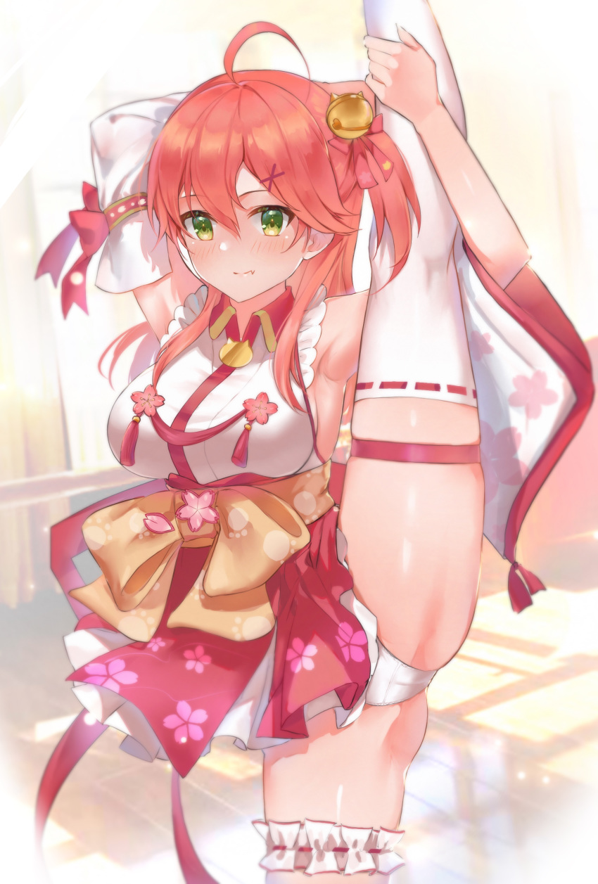 1girl absurdres ahoge armpits bell blush cherry_blossom_print detached_sleeves floral_print green_eyes hair_bell hair_between_eyes hair_ornament hair_over_shoulder hairclip highres holding_leg hololive leg_garter leg_up lims_(neko2lims) looking_at_viewer panties pink_hair sakura_miko underwear virtual_youtuber white_legwear white_panties x_hair_ornament