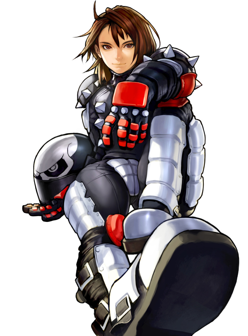 1girl absurdres armor black_gloves brown_eyes brown_hair closed_mouth elbow_pads gloves hair_between_eyes headwear_removed helmet helmet_removed highres kazama_akira kim_sung_hwan looking_at_viewer medium_hair pauldrons rival_schools shoulder_armor simple_background sitting smile solo spikes white_background