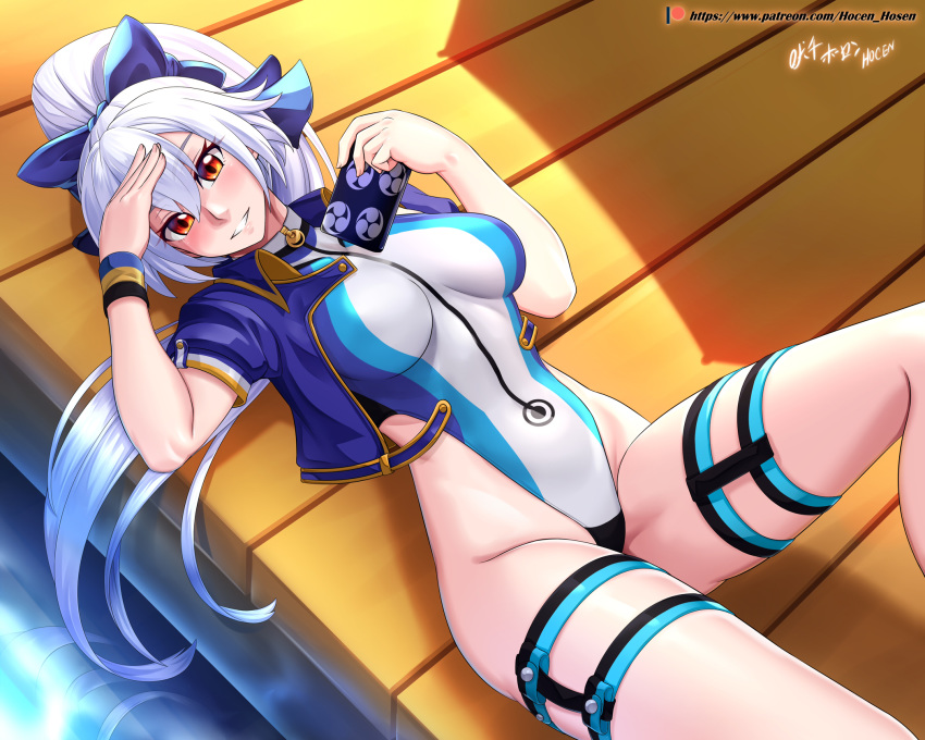 1girl adapted_costume blue_bow blue_jacket blue_swimsuit blush bow breasts cellphone competition_swimsuit cropped_jacket fate/grand_order fate_(series) hair_between_eyes hair_bow highleg highleg_swimsuit highres holding holding_phone jacket long_hair medium_breasts mitsudomoe_(shape) multicolored multicolored_clothes multicolored_swimsuit one-piece_swimsuit open_clothes open_jacket patreon_username phone ponytail red_eyes shadow silver_hair smartphone smile solo striped striped_swimsuit swimsuit thigh_strap tomoe_(symbol) tomoe_gozen_(fate/grand_order) tomoe_gozen_(swimsuit_saber)_(fate) very_long_hair vilde_loh_hocen watermark web_address white_swimsuit wristband