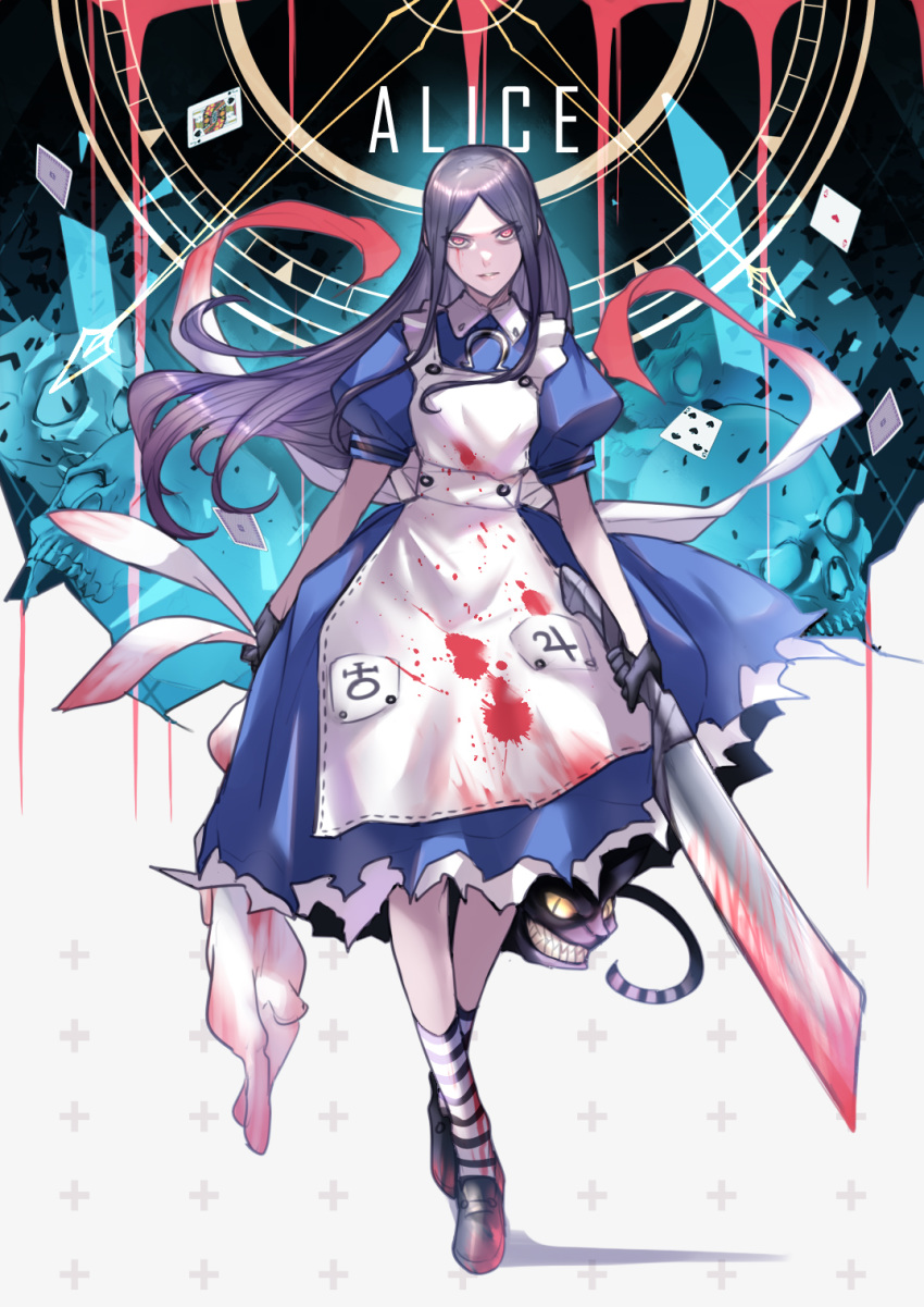 1girl alice_(wonderland) alice_in_wonderland american_mcgee's_alice apron ban!_(bansankan) bangs black_hair blood blood_on_face bloody_clothes carcass card cat_tail character_name cheshire_cat cleaver commentary_request dress from_side highres pale_skin parted_bangs parted_lips playing_card rabbit red_eyes sharp_teeth shoes sidelocks skull smile solo striped striped_legwear tail teeth weapon