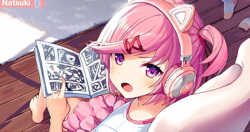 1girl animal_ears barefoot casual cat_ears chair character_name comic doki_doki_literature_club edited eyebrows_visible_through_hair fake_animal_ears fang hair_ornament headphones indoors manga_(object) natsuki_(doki_doki_literature_club) official_art open_mouth pink_hair pink_skirt reading satchely screen shirt sitting skirt socks_removed video_call video_camera