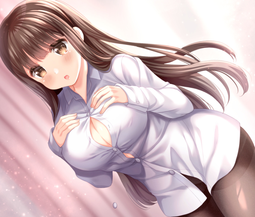 1girl bangs bloom blunt_bangs blush breast_suppress breasts brown_eyes brown_hair button_gap cowboy_shot curtains dress_shirt dutch_angle flying_button hands_up indoors large_breasts light_particles long_hair morning no_pants open_mouth original pantyhose popped_button shiny shiny_clothes shirt shizuki_aya solo standing sunlight taut_clothes taut_shirt tearing_up thighband_pantyhose