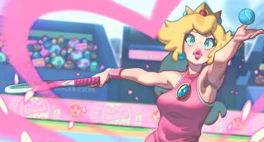1girl armpits ball blonde_hair blue_eyes blurry brooch brown_hair crowd crown depth_of_field gloss goomba highres jewelry super_mario_bros. mario_tennis mini_crown outstretched_arms princess_peach racket shy_guy sleeveless solo_focus tennis_ball tennis_racket toad upper_body wristband