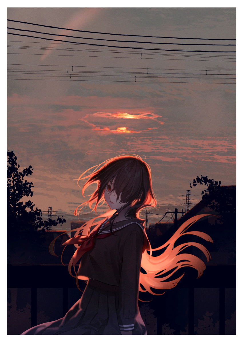 1girl bangs brown_eyes english_commentary hair_over_one_eye highres laru long_hair looking_at_viewer mixed-language_commentary original school_uniform serafuku solo sunset utility_pole