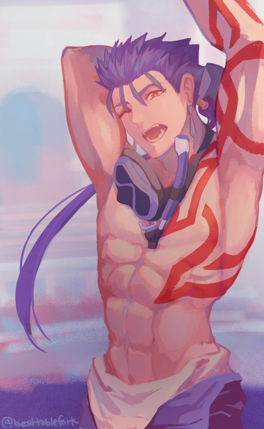 1boy abs absurdres alternate_costume arm_behind_head arm_up armpits blue_hair bodypaint cu_chulainn_(fate)_(all) earrings fangs fate/stay_night fate_(series) goggles goggles_around_neck highres jewelry lancer long_hair looking_at_viewer muscle one_eye_closed open_mouth ponytail red_eyes shirtless snorkel solo spiky_hair stretch tablefork twitter_username type-moon yawning