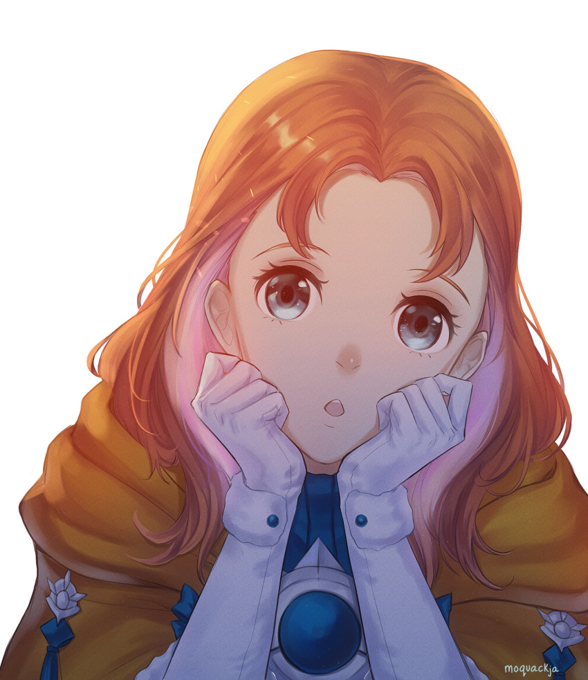 1girl annette_fantine_dominic artist_name fire_emblem fire_emblem:_three_houses gloves green_eyes highres medium_hair open_mouth orange_hair rainpoow simple_background solo upper_body white_background white_gloves