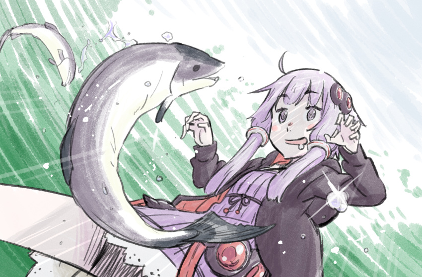 1girl ahoge catching claw_pose commentary dress emphasis_lines fish fishing from_below hair_ornament hair_tubes highres jacket open_mouth purple_dress purple_hair purple_jacket ripples saliva salmon short_hair_with_long_locks sidelocks solo sparkle splashing tasuke violet_eyes vocaloid voiceroid water yuzuki_yukari