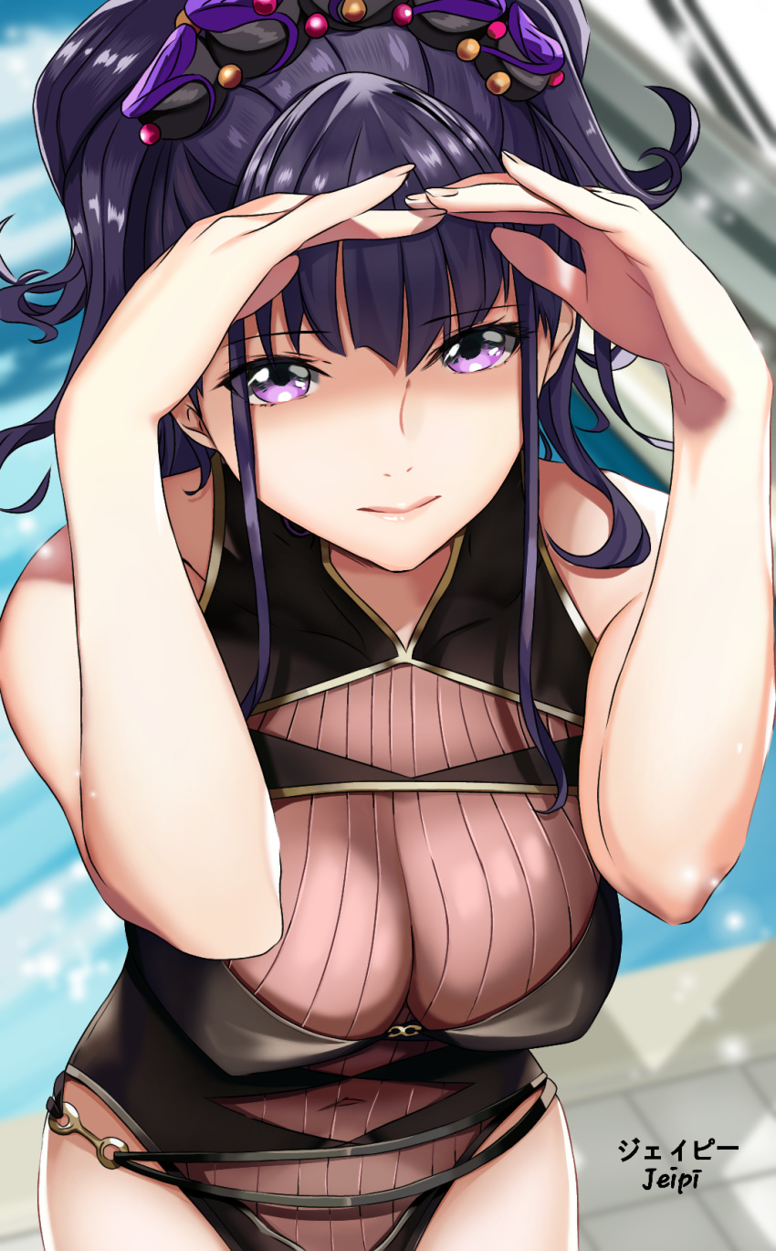 1girl arm_up black_swimsuit breasts covered_navel fate/grand_order fate_(series) flower gold_trim hair_flower hair_ornament hair_up highleg highleg_swimsuit highres john_mangalile large_breasts murasaki_shikibu_(swimsuit_rider)_(fate) one-piece_swimsuit pool poolside purple_hair shading_eyes solo swimsuit tied_hair violet_eyes