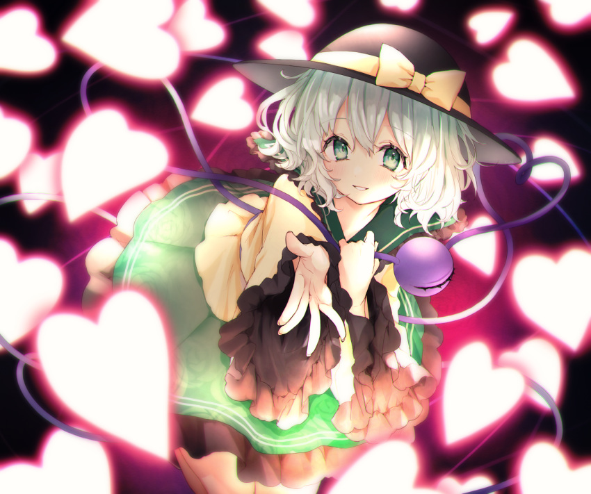 1girl black_background black_headwear commentary danmaku frilled_sleeves frills green_eyes green_hair green_skirt hat heart hi_o_kawa komeiji_koishi long_sleeves looking_at_viewer outstretched_hand shirt skirt solo third_eye touhou wide_sleeves yellow_shirt