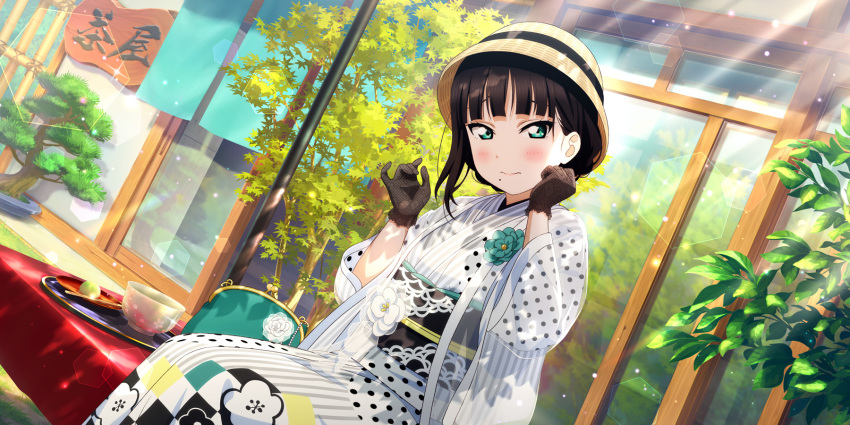1girl alternate_costume aqua_eyes artist_request bag bangs black_gloves black_hair blunt_bangs blush bonsai bowl cloche_hat cup dappled_sunlight day dutch_angle flower food gloves hair_up handbag hands_up haori hat highres japanese_clothes kimono kurosawa_dia lace lace-trimmed_gloves lace_gloves lace_trim lens_flare lens_flare_abuse light_rays long_hair love_live! love_live!_school_idol_festival_all_stars love_live!_school_idol_project mole mole_under_mouth obi obiage obijime official_art on_table outdoors plate polka_dot print_kimono raised_eyebrows sash sheer_clothes sitting solo striped sunbeam sunlight table tablecloth teacup tray tree tsurime vertical_stripes wavy_mouth white_kimono wide_sleeves window
