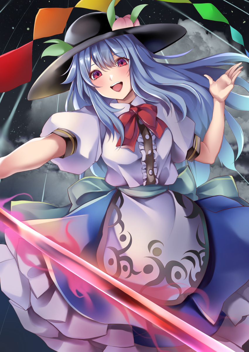 1girl :d absurdres apron black_headwear blue_hair blush bow clouds commentary_request cowboy_shot dutch_angle eyebrows_visible_through_hair feet_out_of_frame food fruit green_bow hair_between_eyes hat highres hinanawi_tenshi holding holding_sword holding_weapon koizumo long_hair night night_sky open_hand open_mouth peach petticoat puffy_short_sleeves puffy_sleeves rainbow_order red_eyes red_neckwear shirt shooting_star short_sleeves sidelocks sky smile solo sword sword_of_hisou touhou upper_teeth weapon white_shirt