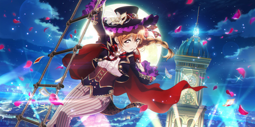 1girl alternate_costume alternate_hairstyle artist_request bangs blouse blush bow brooch brown_hair building city cityscape clock clock_tower corset earrings formal frills full_moon gloves hat highres jewelry konoe_kanata ladder long_hair long_sleeves looking_at_viewer love_live! love_live!_school_idol_festival_all_stars love_live!_school_idol_project monocle moon moonlight night night_sky official_art parted_lips petals pinstripe_pattern scenery sky smile solo star_(sky) starry_sky striped top_hat tower violet_eyes white_blouse