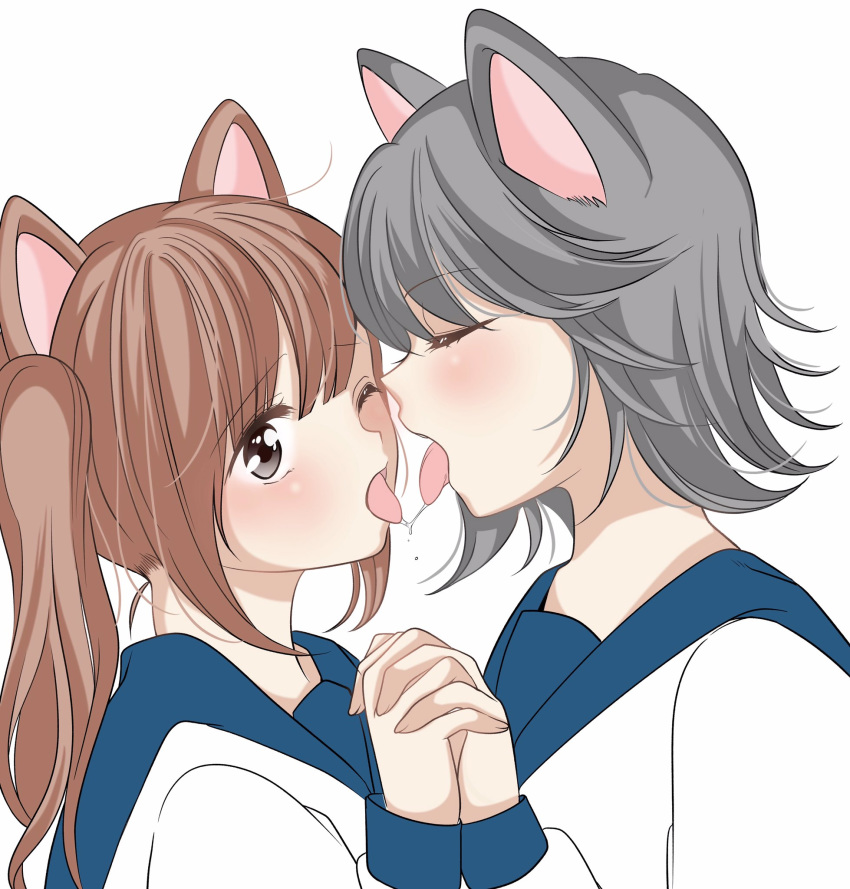 2girls animal_ears bangs blush brown_hair cat_ears character_request closed_eyes commentary_request eyebrows_visible_through_hair french_kiss grey_hair height_difference highres holding_hands kiss long_sleeves medium_hair multiple_girls one_eye_closed open_mouth saliva saliva_trail school_uniform shirt short_twintails simple_background sinogiasa03 tongue twintails upper_body white_background white_shirt wolf_ears yuri