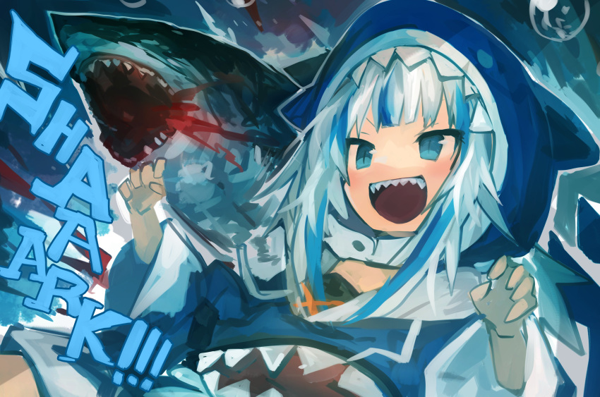 1girl absurdres bangs blood blue_eyes blue_hair blunt_bangs blush bubble gawr_gura highres hololive hololive_english hood hood_up hoodie kaamin_(mariarose753) long_sleeves multicolored_hair open_mouth shark shark_hood shark_print sharp_teeth streaked_hair teeth upper_body virtual_youtuber white_hair wide_sleeves